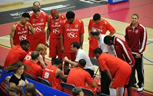 Bristol Flyers Head Coach Andreas Kapoulas Delivers Team Talk During Basketball Match vs. Durham Wildcats