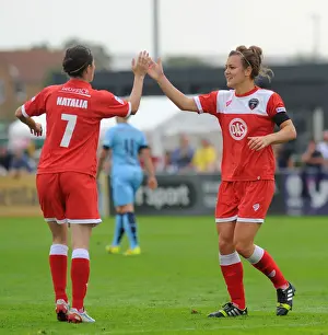 BAWFC V Manchester City Womens Prints: Celebrating Victory: Jemma Rose and Natalia Pablos Sanchon of Bristol City FC Women's Team