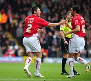 Bristol City v Nottingham Forest Collection: Controversial Goal Celebration: Liam Fontaine and Bradley Orr Claiming the Opening Goal for