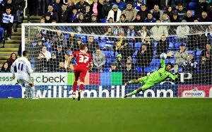 Images Dated 28th January 2012: David James Saves Penalty from Jobi McAnuff: Championship Clash between Reading and Bristol City