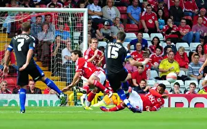 Bristol City V Portsmouth Prints: Defiant Moment: Maynard and McAllister Block Halford's Free Kick for Bristol City in 2008-09 Championship Clash
