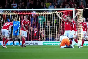 Bristol City V Blackpool Prints: Disbelief: Free Kick Surprise for Bristol City Players against Blackpool (25-02-2012)