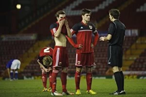 Images Dated 4th December 2012: FA Youth Cup: Referee Speaks with Pierce Mitchell and Lewis Hall of Bristol City U18 during First
