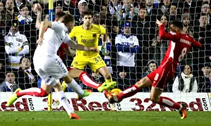 Leeds United V Bristol City Prints: Fabian Giefer of Bristol City Watching as Chris Wood of Leeds United Shoots - Sky Bet Championship: Leeds United vs
