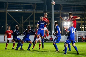 Images Dated 14th December 2015: Harvey Moss Fights for Control at a Corner: FA Youth Cup Third Round