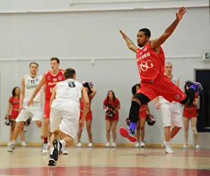Bristol Flyers V Manchester Giants Prints: Intense Moment: Dwayne Lautier-Ogunleye's Game-Changing Block in Basketball - Bristol Flyers vs Manchester Giants