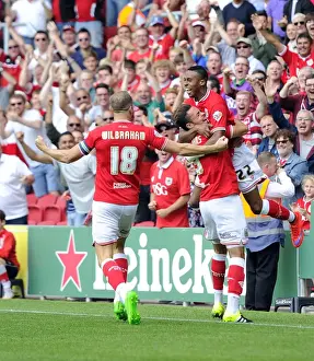 Bristol City V Brentford Prints: Jonathan Kodjia's Epic Goal Celebration: A Thrilling Moment at Ashton Gate (Bristol City vs Brentford)