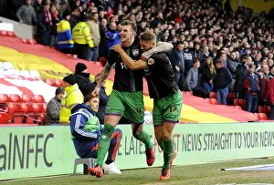 Framed Print : Jubilant Moment: Aden Flint and Nathan Baker's Celebration after Bristol City's Win at Nottingham Forest, 2016