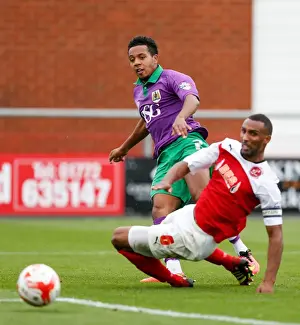 Framed Print : Korey Smith of Bristol City Takes Shot Amidst Challenge from Nathan Pond of Fleetwood Town - Football Rivalry in League 1 Framed Print : Korey Smith of Bristol City Takes Shot Amidst Challenge from Nathan Pond of Fleetwood Town - Football Rivalry in League 1