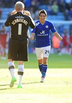 Images Dated 6th October 2012: Leicester City Champions: Schmeichel and Knockaert's Emotional Reaction to Winning