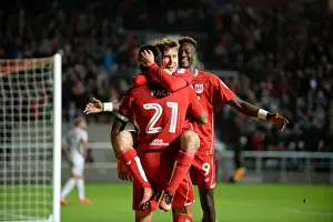 Marlon Pack, Luke Freeman, and Tammy Abraham Celebrate Goal for Bristol City Against Leeds United