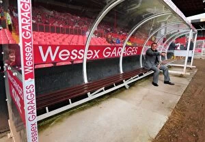 Images Dated 3rd August 2012: Newly Branded Dugouts Unveiled at Ashton Gate Stadium: Wessex Garages' Keith Brock Takes Seat