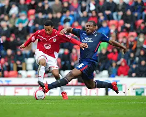 Bristol City V Nottingham Forest Prints: Nicky Maynard vs. Wes Morgan: A Championship Battle at Ashton Gate