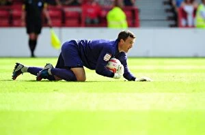 Images Dated 18th August 2012: Nottingham Forest's Lee Camp Gathers the Ball in Championship Clash vs. Bristol City