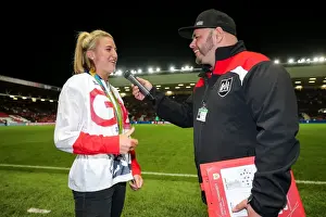 Bristol City V Leeds United Prints: Olympic Gold Medallist Lily Owsley Interviewed at Half Time by Fellow Champion Downsy at Ashton Gate