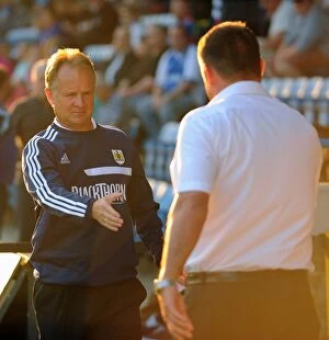 Images Dated 6th August 2013: Sean O'Driscoll and Martin Allen Shake Hands Before Gillingham vs. Bristol City Match, 2013