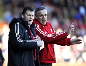 Bristol City V Swindon Town Prints: Steve Cotterill and John Pemberton of Bristol City: Pre-Match Huddle vs Swindon Town
