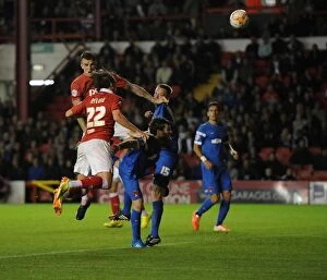 Images Dated 19th August 2014: Thrilling Moment: Luke Ayling's Last-Minute Header Misses Target for Bristol City against Leyton
