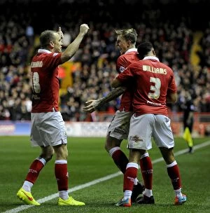 Images Dated 21st October 2014: Triumphant Threesome: Aden Flint, Derrick Williams, and Aaron Wilbraham Celebrate Double Delight