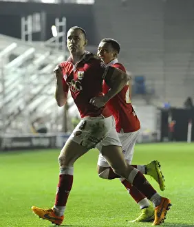 Swindon Prints: Unforgettable Goal Celebration: Wilbraham and Tavernier's Euphoric Moment (Bristol City vs)