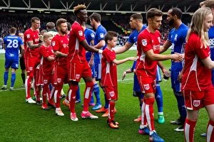 Images Dated 7th May 2017: Unforgettable Handshake Moment: Bristol City Mascots and Birmingham City Players